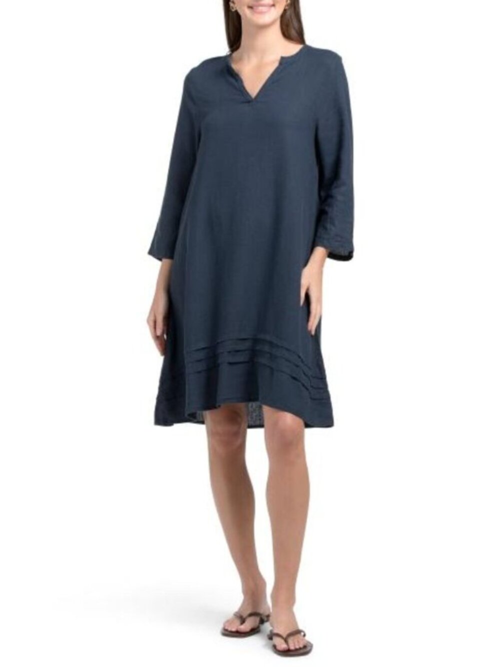 4 OUR DREAMERS Linen Blend Long Sleeve Mini Dress With Pintuck Pleats